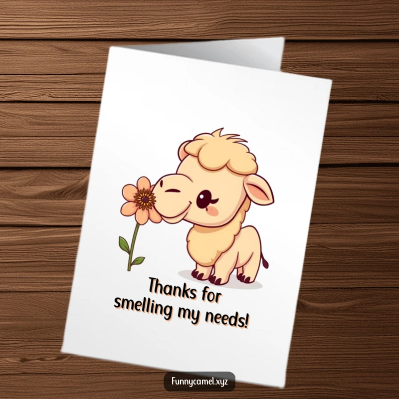 Free Printable Thank You Card: A curious camel curiously sniffing a peculiar flower with an excited expression. Easy to print.