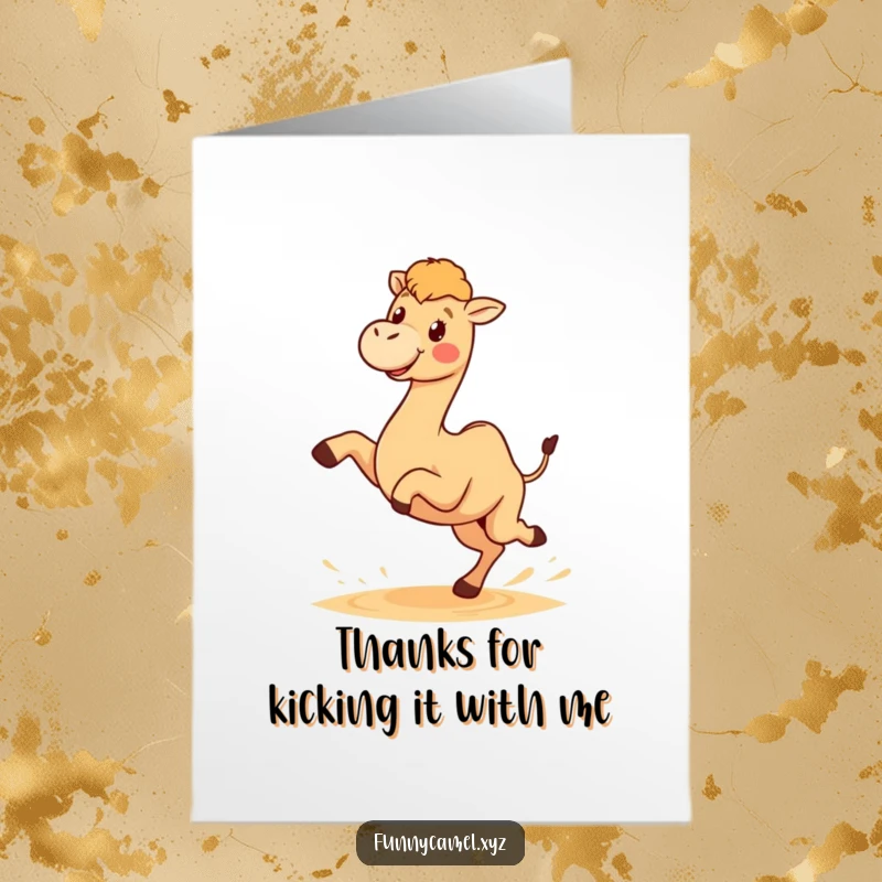 Funny Free Printable Thank You Card, a kawaii camel character joyfully kicking sand with its hind legs, conveying thanks playfully.