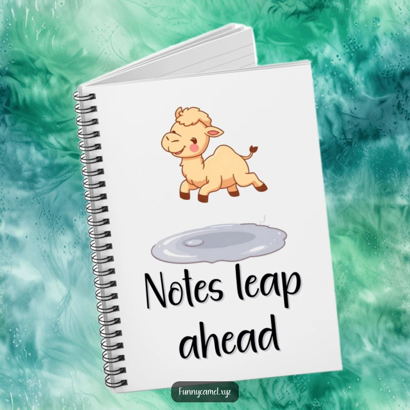 Funny cute camel gleefully jumping over a small puddle, on the cover of a lined notebook.