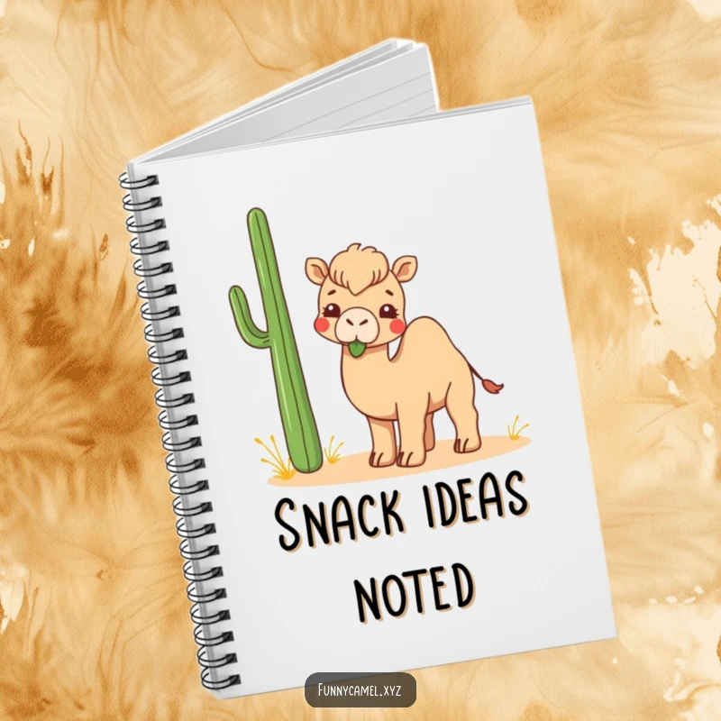 Funny Kawaii Camel Notebook with a cute camel playfully chewing an abstract desert plant, ideal for notes.