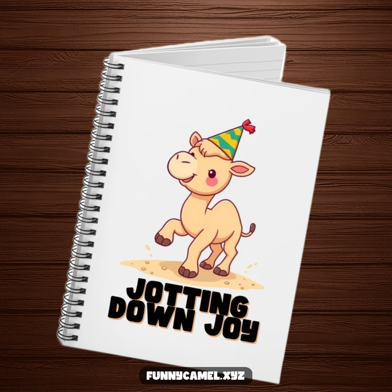 Funny kawaii camel wearing a festive hat, kicking sand upwards, on the cover of a holiday notebook.