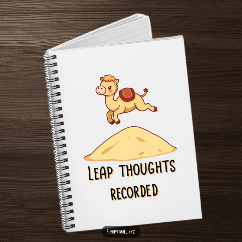 Funny Kawaii Camel Notebook with a cute camel gracefully leaping over a stylized dune, great for notes.