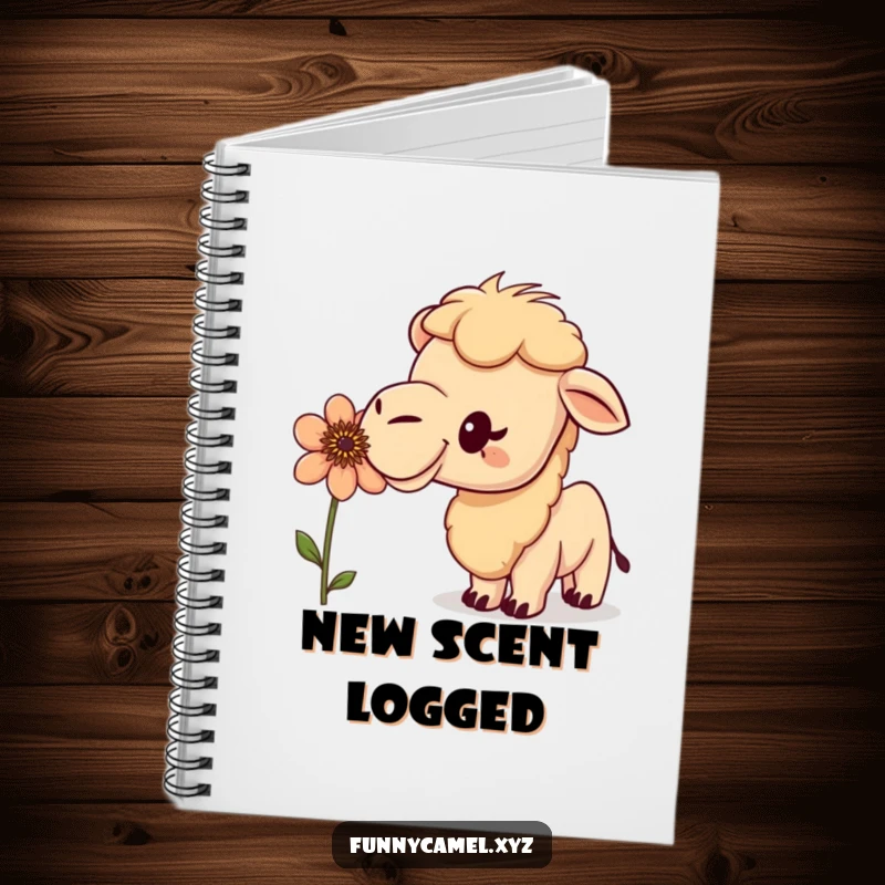 Funny curious camel sniffing a peculiar flower with an excited bobble, showcased on a notebook cover for inspired exploration.