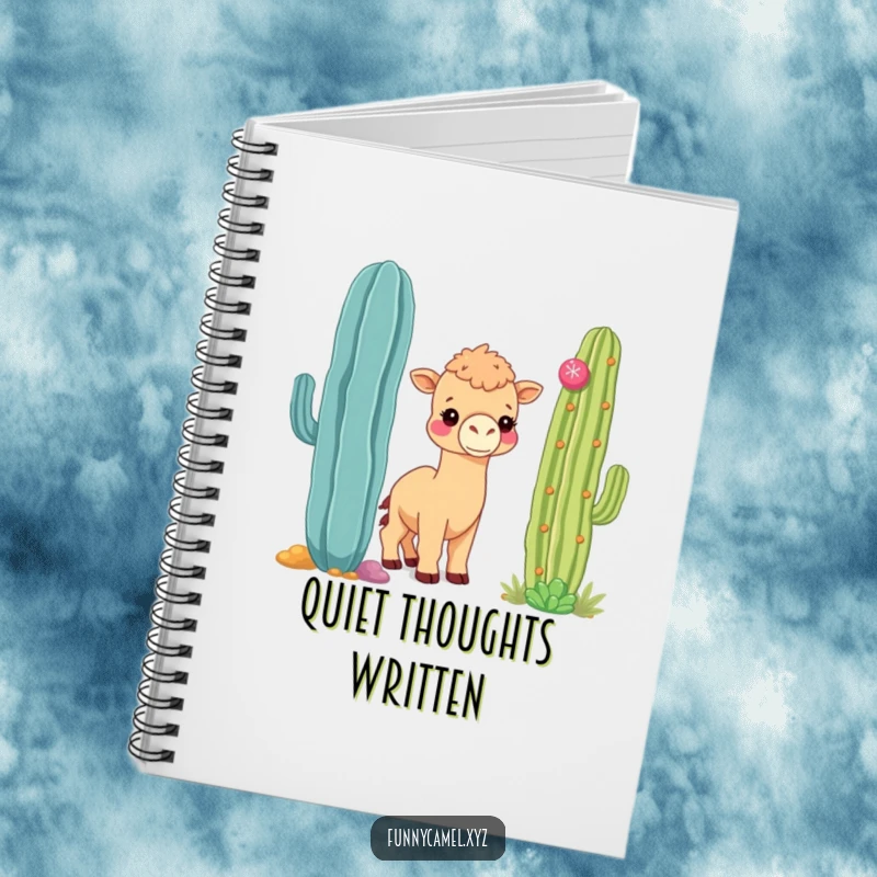 Funny shy kawaii camel peeking from behind a colorful cactus, on the cover of a lined notebook.
