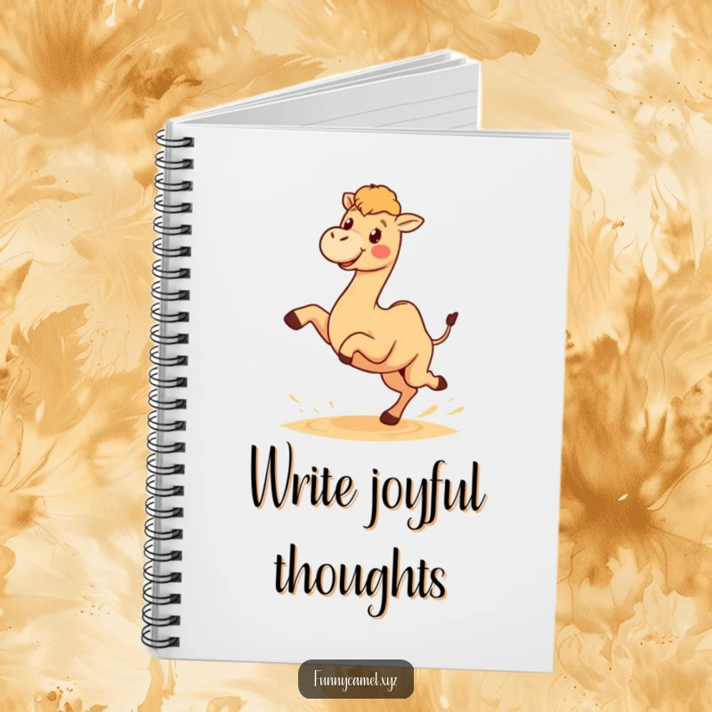 Funny notebook cover with a cute kawaii camel character joyfully kicking sand, representing creative and happy thoughts.