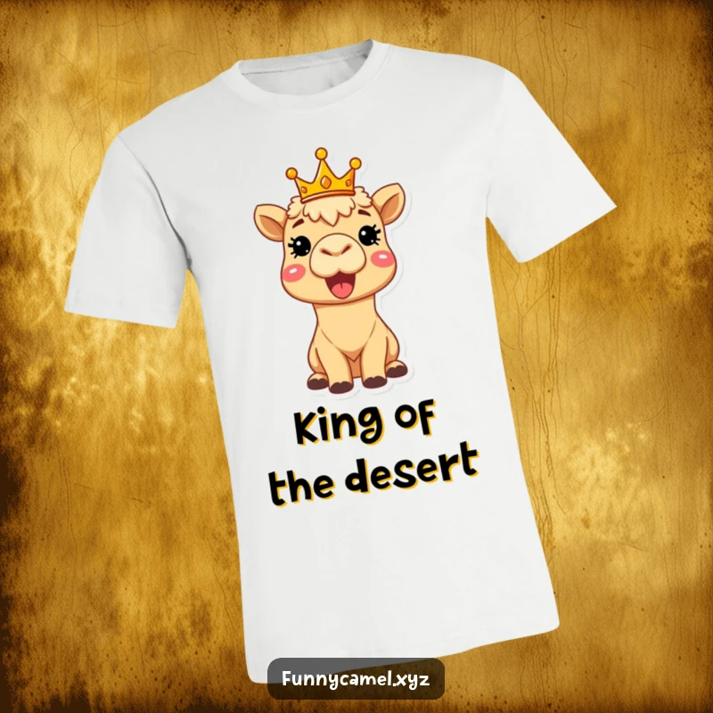 Funny delighted camel wearing a tiny crown, beaming brightly, printed on a comfortable t-shirt, showcasing regal cheerfulness.