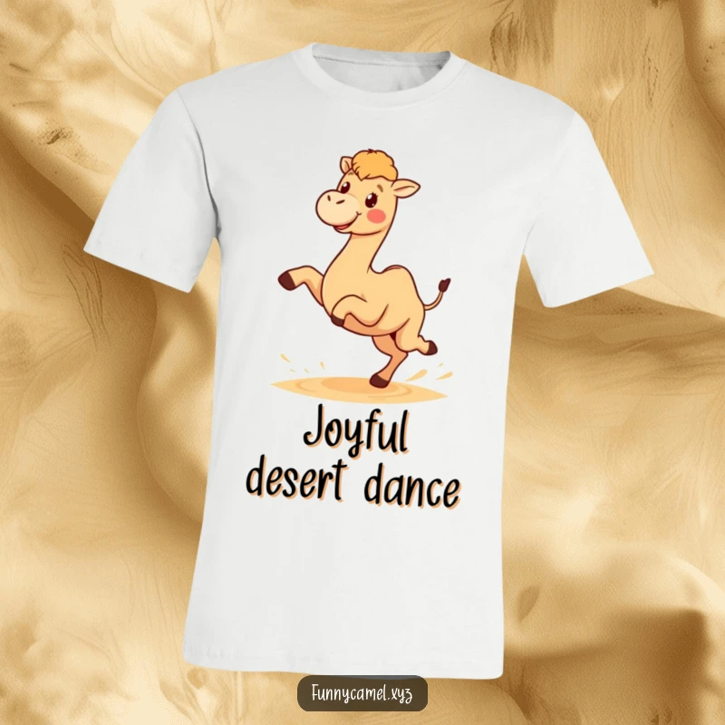 Funny t-shirt with a cute kawaii camel character gleefully kicking sand with its back legs, radiating pure desert happiness.