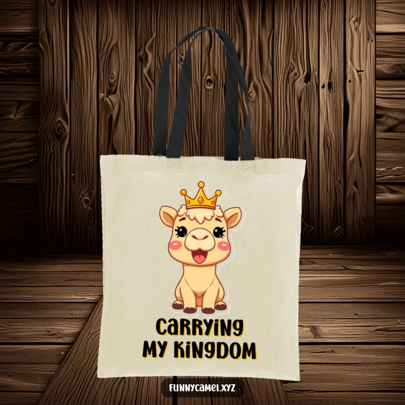 Funny delighted camel wearing a tiny crown, beaming brightly on a durable tote bag, ideal for humorous, regal errands.