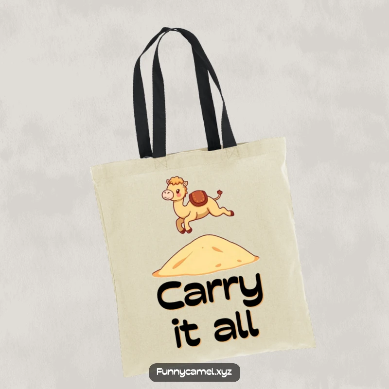 Funny Kawaii Camel Tote Bag featuring a cute camel gracefully leaping over a stylized dune, stylish and fun.