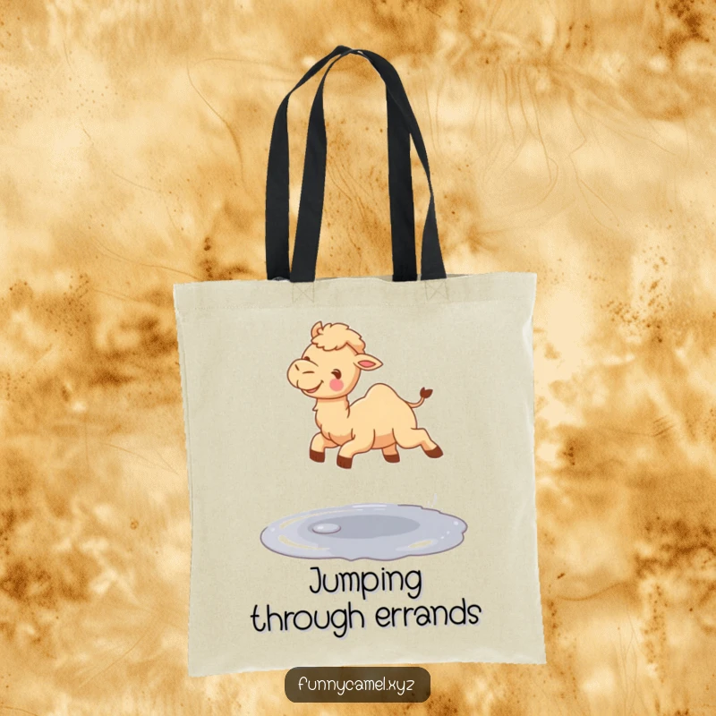 Funny cute camel mid-jump over a shimmering puddle, on a durable and playful tote bag.